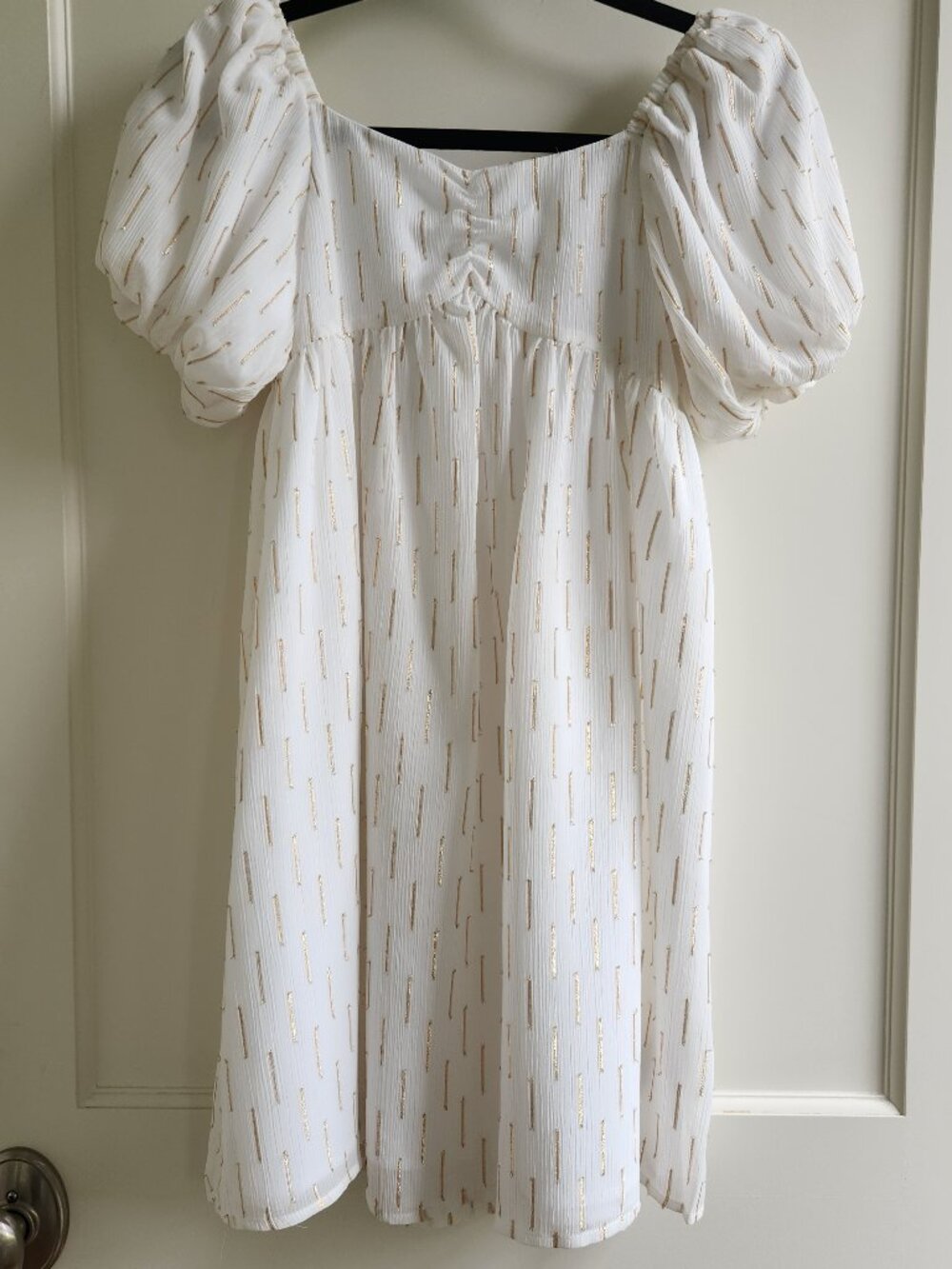 Jamie and Jack White Puff Sleeve Dress Size 14 NWT Smocked Babydoll Gold Detail